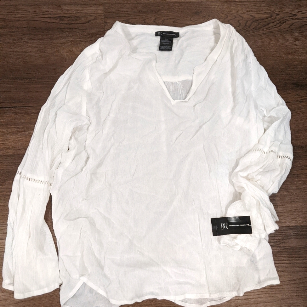 NWT INC Top Womens Large White Boho Gauzy Blouse